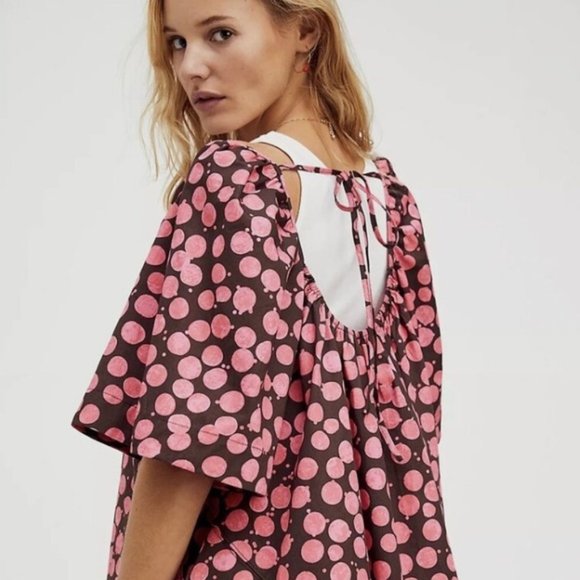Free People Pink/Chocolate Combo Jodie Printed Tunic Flowy Oversized top size XS - Picture 8 of 10
